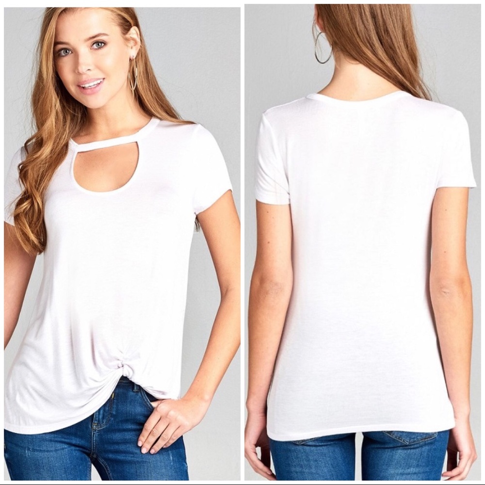 Ladies short sleeve choker v-neck top.